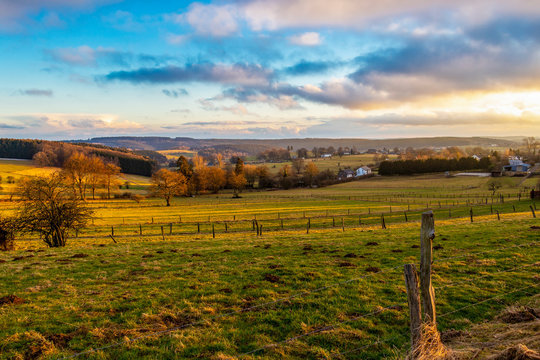 Agricultural landscape on a February evening in Wallerode, Belgium