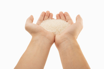 rice in hands with white background