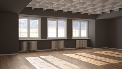 Empty room interior design, open space with three big panoramic windows on sunset sunrise sky, parquet wooden floor, radiator, decorated geometric ceiling, classic architecture idea