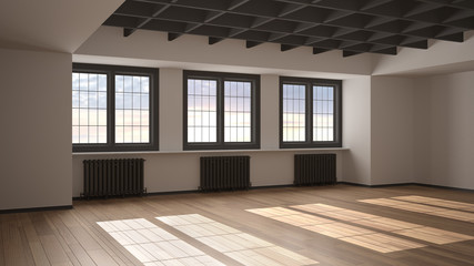 Empty room interior design, open space with three big panoramic windows on sunset sunrise sky, parquet wooden floor, radiator, decorated geometric ceiling, classic architecture idea