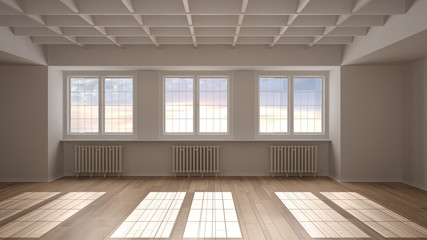 Empty room interior design, open space with three big panoramic windows on sunset sunrise sky, parquet wooden floor, radiator, decorated geometric ceiling, classic architecture idea