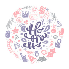 Ho ho ho vector scandinavian calligraphic vintage text. Winter Wreath with Christmas items. Greeting card template with vintage style elements Doodle Illustration