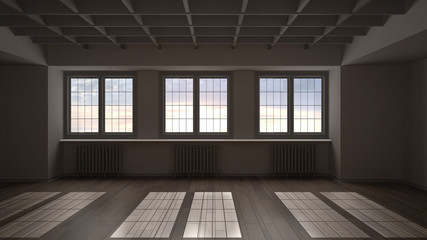 Obraz premium Empty room interior design, open space with three big panoramic windows on sunset sunrise sky, parquet wooden floor, radiator, decorated geometric ceiling, classic architecture idea