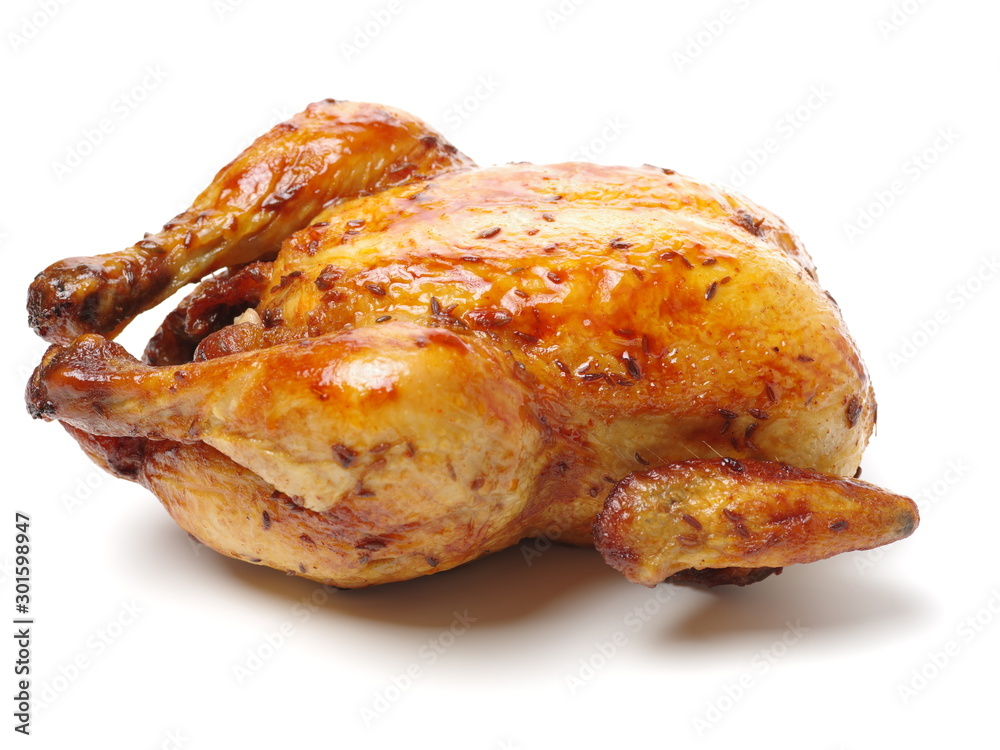 Wall mural whole roasted chicken against white background