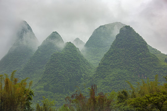Conical hills near Yangshuo on the Li River near Guilin