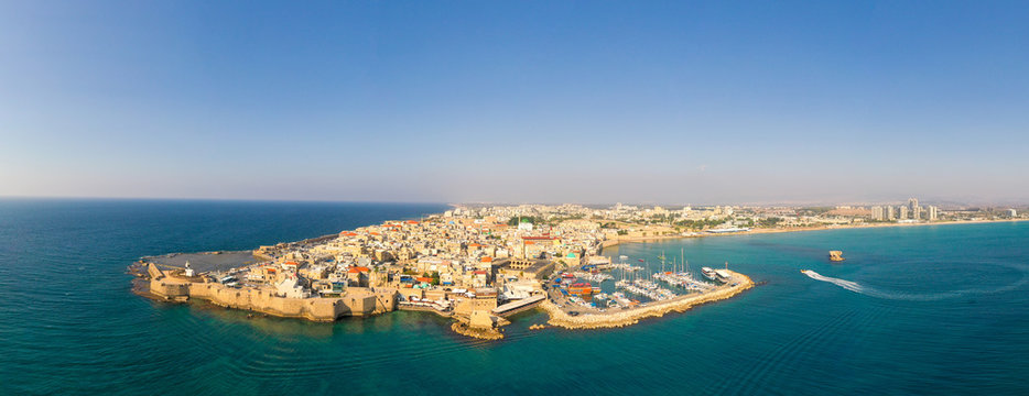 Aerial image of the old City and Port of Acre, Israel.