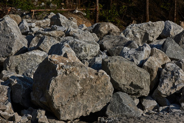 Land landscape mountain park.The picturesque landscape of the mountain natural park Ruskeala. You can see the rocks and their fragments, coniferous forest, mountains, wildlife. Russia, Karelia