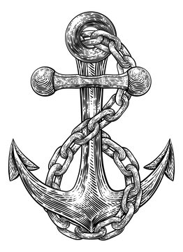 An anchor from a boat or ship with a chain wrapped around it tattoo or retro style woodcut etching drawing in a vintage style