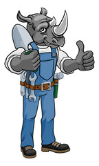 A rhino gardener cartoon gardening animal mascot holding a garden spade tool and giving a thumbs up