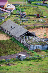 Old livestock farm, top view. Russia, mountain Altai, Ongudaysky district, the village of Bichiktu-Boom