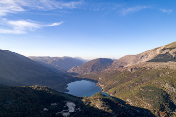 Fototapeta na wymiar Aerial view of the wonderful heart-shaped Lake Scanno. a beautiful landscape seen by the drone