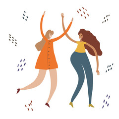 Young dancing, jumping or celebration people. Happy couple girl dancers isolated on white background. Smiling women enjoying dance party. Funny colorful vector illustration in flat cartoon style.