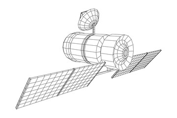 Space station communications satellite. Wireframe low poly mesh vector illustration.
