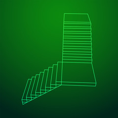 Wireframe stairs, interior staircases steps. Wireframe low poly mesh vector illustration.