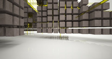 Abstract architectural concrete  interior  from an array of cubes with large windows. 3D illustration and rendering.