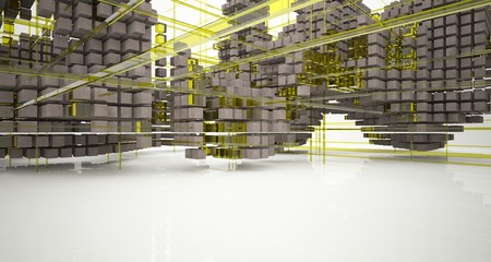 Abstract architectural concrete  interior  from an array of cubes with large windows. 3D illustration and rendering.