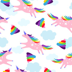 Fototapeta na wymiar Unicorns vector pattern. Turd unicorn seamless pattern. Shit color ornament rainbow. Magic turd ornament. Rainbow fable poop