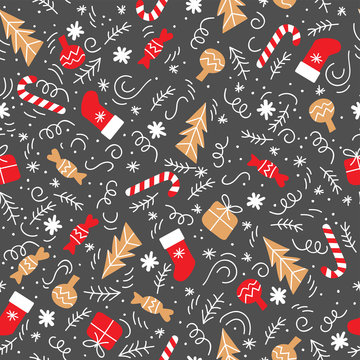 New Year seamless pattern with Christmas socks, Christmas tree, candies, snowflakes. vector illustration