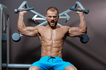 Portrait of strong muscular man doing pulling-up exercise in modern gym