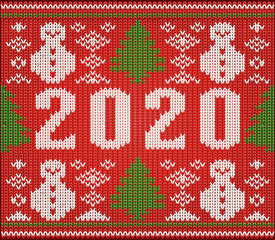 Fototapeta na wymiar New 2020 year knitted card with xmas tree and snowman, vector illustration