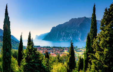 Beautiful aerial view of Torbole, Lake Garda (Lago di Garda) and the mountains, Italy - obrazy, fototapety, plakaty