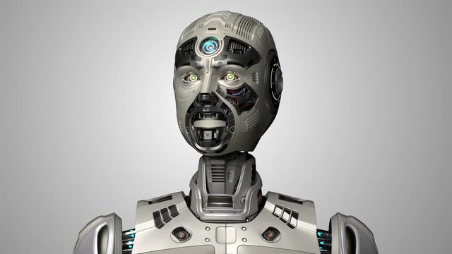 3d rendering of a very detailed futuristic robot or android cyborg looking around on gray background with alpha.