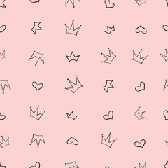 Hand drawn doodle heart and crown seamless for girl, woman illustration pattern for fabric design