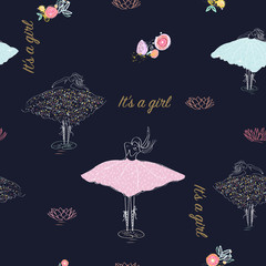 Seamless ballerina symbols, flowers and lotus flowers. It's a girl, newborn baby shower. Hand drawn seamless pattern for fabric design with pink background