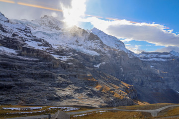 View of snow alp mountain landscape in autumn nature at swiss