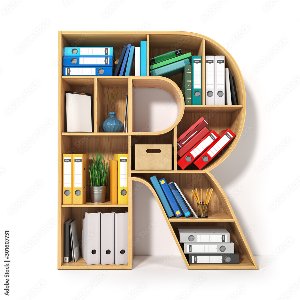 Poster letter r. alphabet in the form of shelves with file folder, binders and books isolated on white. arc
