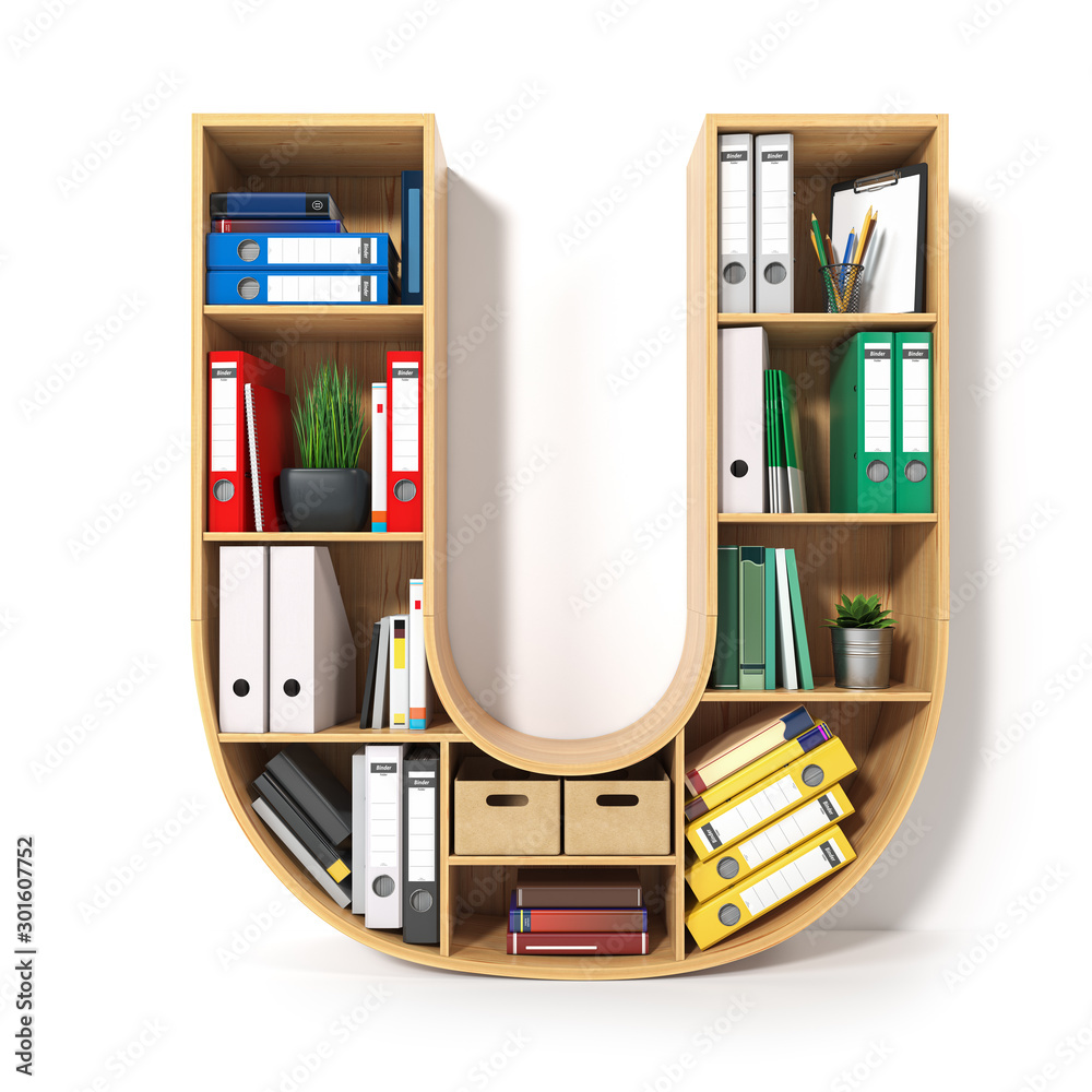 Poster letter u. alphabet in the form of shelves with file folder, binders and books isolated on white. arc