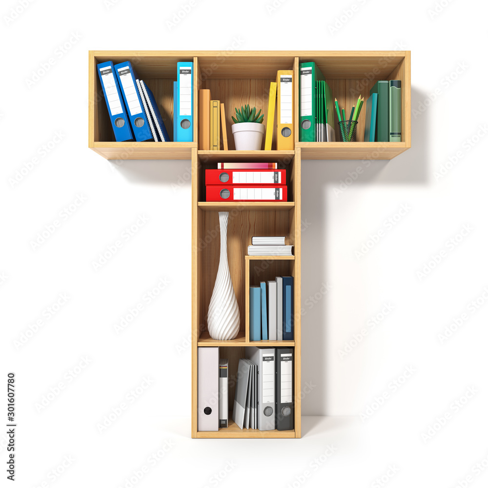 Poster letter t. alphabet in the form of shelves with file folder, binders and books isolated on white. arc