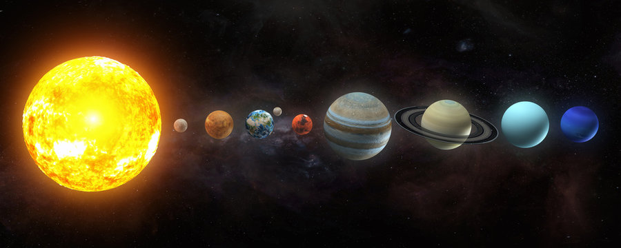 Solar system planets set. The Sun and planets in a row on universe stars background.Elements of this image furnished by NASA. © Maksym Yemelyanov