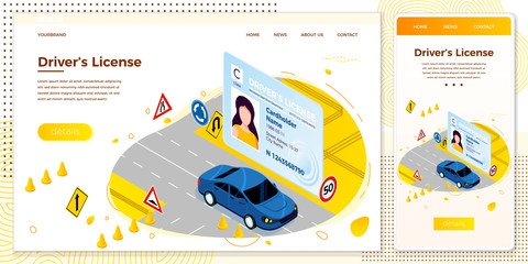 Vector Drivers license, car riding on a road
