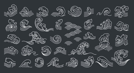 Set of oriental wave illustration. Japan wave. Linear style. - Vector.