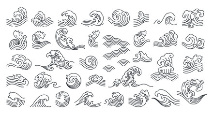 Set of oriental wave vector illustration. Japan wave. Linear style.  - obrazy, fototapety, plakaty