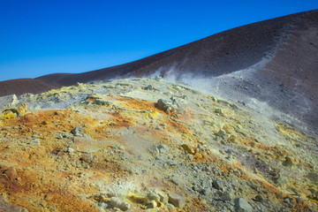 Sulphur gas coming out of the volcanic crater on the vulcano island, aeolian islands, sicily, Italy