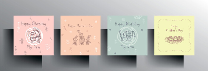 A set of cards for birthday, children's birthday, mother's day. A cute character in pastel colors is manually drawn. Vector 10 EPS.
