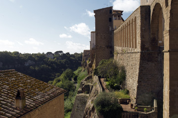 Fototapeta na wymiar Pitigliano, one of the best town in Tuscany, Italy. Panoramic view of the defense wall around the city.