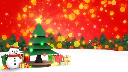 3D Render Background images of the Christmas and Happy New Year concept. There are Snowman, Christmas trees, gift boxes, and shining toys. On a beautiful red background.