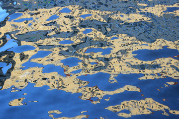 Sun glare on the blue surface of the water. Beautiful background. Water texture. Place for text. Copy space