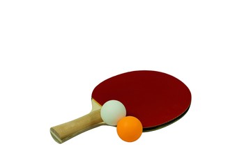 Close up view of red racket for table tennis with orange and white balls isolated. Ping pong game concept. Sport and healthy lifestyle background 