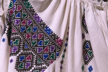 Fragment of Ukrainian national embroidery on the sleeves of the dress. Vyshyvanka - ethnic clothing with embroidery patterns