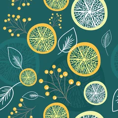 Fototapete Küche Nahtloses Muster mit Zitronenscheibe, Blättern und Zweigen
