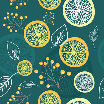 Seamless pattern with lemon slice, leaves and branches