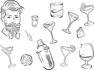 set of drinks, wine, cocktail, martini , alcohol, man , bartender  