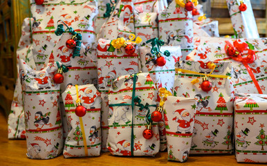 Fototapeta na wymiar Wrapped gifts that are part of an advent calendar.