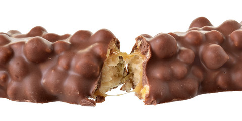  Chocolate bar with peanut and puffed rice isolated