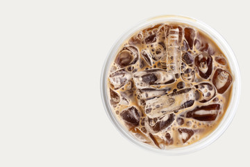 Closeup iced coffee in plastic cup. Top view with copy space on white background. Favorite beverage of caffeine drink.