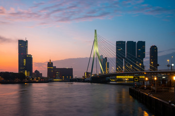 Obraz premium Rotterdam Skyline with Erasmusbrug bridge in the morning, Netherlands.